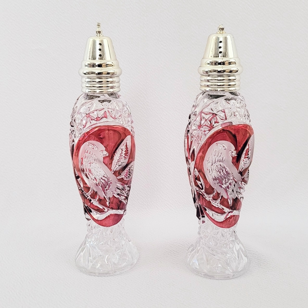 Hofbauer Cut Crystal Red Byrdes 7" Vintage Germany Salt & Pepper Shakers